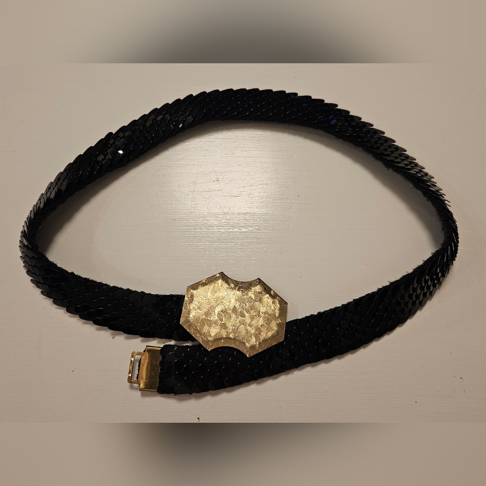 Chic Black Sequin Belt with Textured Gold Buckle